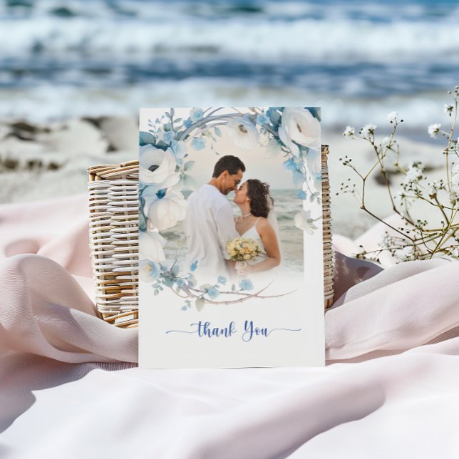 Elegant Dusty Blue Blommigt Baby Shower Tack Kort (Elegant Dusty Blue Floral Baby Shower Thank You Card)