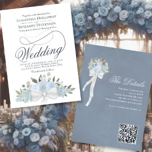 Elegant Dusty Blue Blommigt Bouquet QR-kod Bröllop Inbjudningar