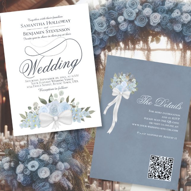 Elegant Dusty Blue Blommigt Bouquet QR-kod Bröllop Inbjudningar (Front/Back)