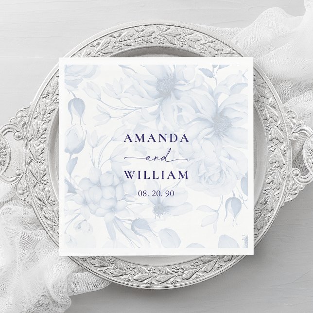 Elegant Dusty Blue Blommigt Bröllop Napkin Pappersservett (Skapare uppladdad)