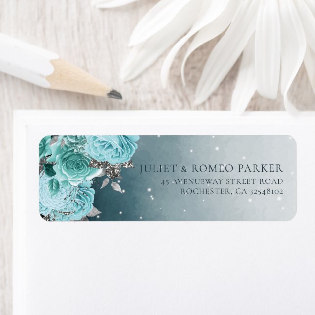 Elegant Dusty Blue Blommigt Bröllop Returadress Etikett (Insitu)