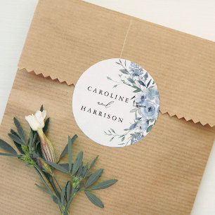 Elegant Dusty Blue Blommigt Bröllop Runt Klistermärke