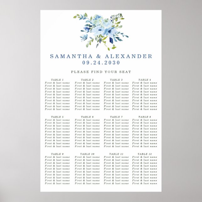 Elegant Dusty Blue Blommigt Bröllop Sittdiagram Poster (Framsidan)
