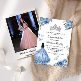 Elegant Dusty Blue Blommigt Butterfly Quinceanera Inbjudningar