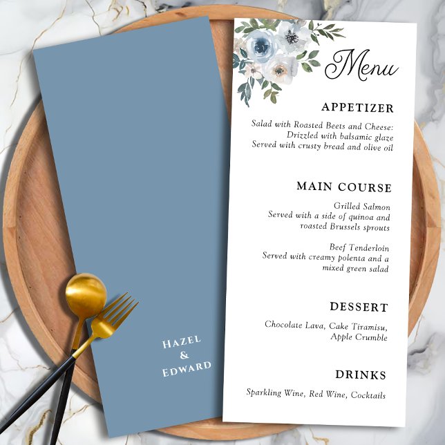 Elegant Dusty blue Blommigt Calligraphy Bröllop Meny (Elegant Dusty blue Floral Calligraphy Wedding Menu)