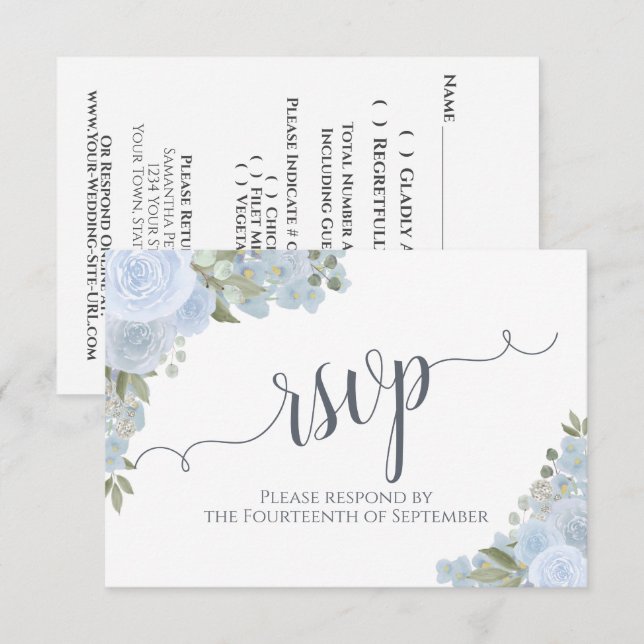Elegant Dusty Blue Blommigt Calligraphy Bröllop OSA Kort (Fram/baksida)
