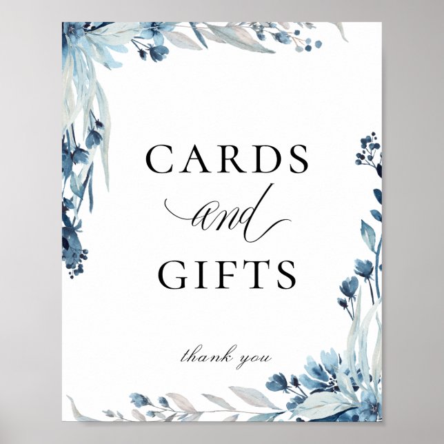 Elegant Dusty Blue Blommigt Cards Gifts-tecken Poster (Framsidan)