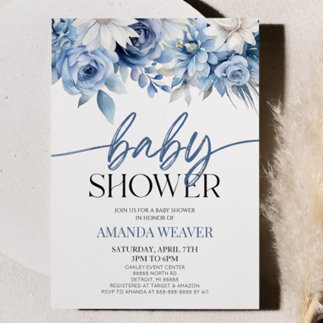 Elegant Dusty Blue Blommigt Flowers Baby Shower Inbjudningar (Skapare uppladdad)