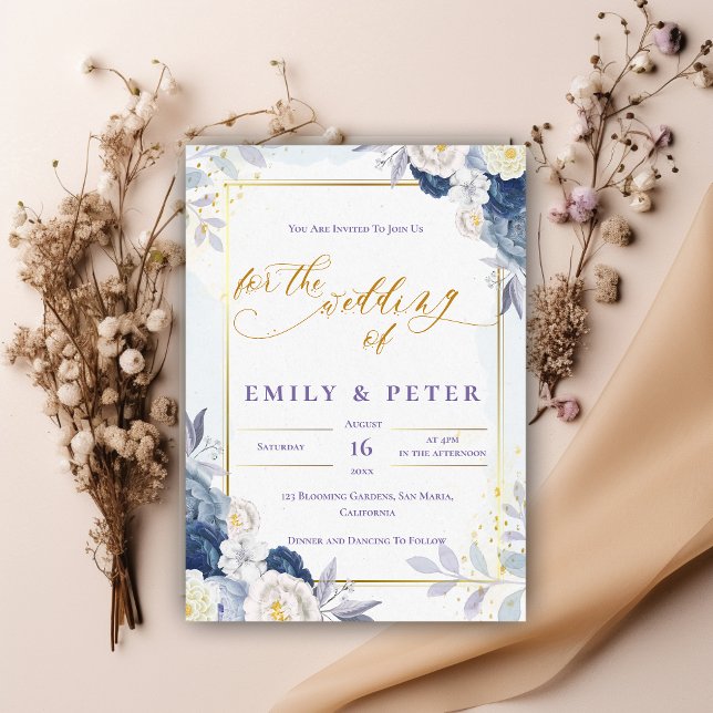 Elegant Dusty Blue Blommigt Guld Gräns Bröllop Inbjudningar (Elegant Dusty Blue Floral Gold Border Wedding Invitation)