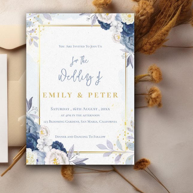Elegant Dusty Blue Blommigt Guld Gräns Bröllop Inbjudningar (Elegant Dusty Blue Floral Gold Border Wedding Invitation)