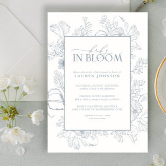 Elegant Dusty Blue Blommigt Line Art Baby i bloom Inbjudningar