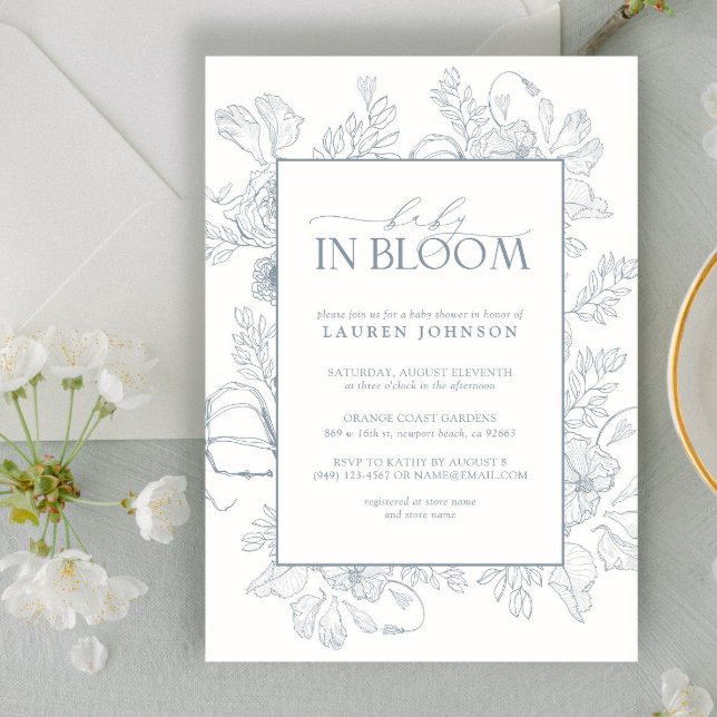 Elegant Dusty Blue Blommigt Line Art Baby i bloom Inbjudningar (Skapare uppladdad)