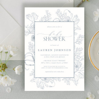 Elegant Dusty Blue Blommigt Line Art Baby Shower Inbjudningar