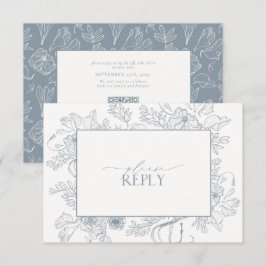 Elegant Dusty Blue Blommigt Line Art Bröllop QR-ko OSA Kort