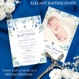 Elegant Dusty Blue-Blommigt med fotobaptism Inbjudningar