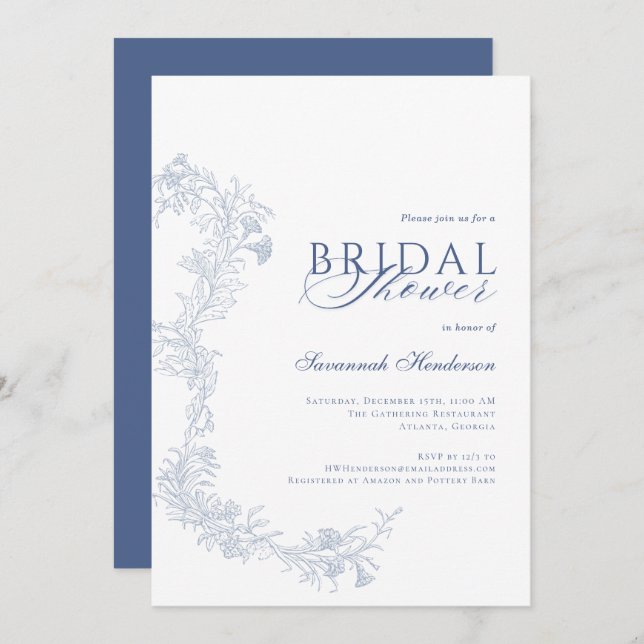 Elegant Dusty Blue Blommigt Möhippa Inbjudningar (Fram/baksida)