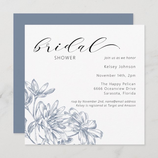 Elegant Dusty Blue Blommigt Möhippa Inbjudningar (Fram/baksida)