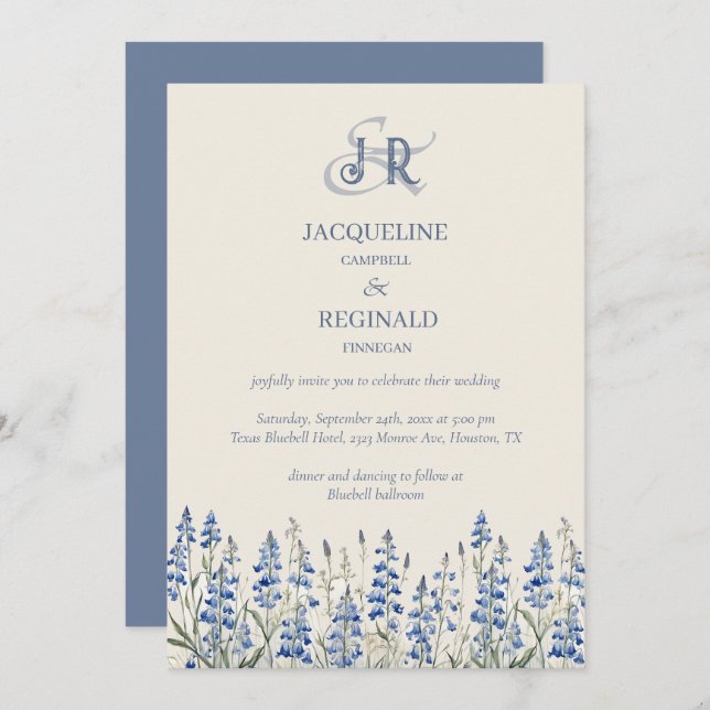 Elegant Dusty Blue Blommigt Monogram Bröllop Inbjudningar (Fram/baksida)