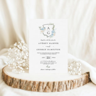 Elegant Dusty Blue Blommigt Monogram Vapensköld Br Inbjudningar