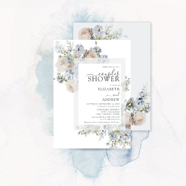 Elegant Dusty Blue Blommigt Par Shower Inbjudningar (Skapare uppladdad)