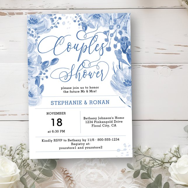 Elegant Dusty Blue Blommigt Par Shower Inbjudningar (Couples Shower Invitation from my Dusty Blue Watercolor Floral Bridal Shower)