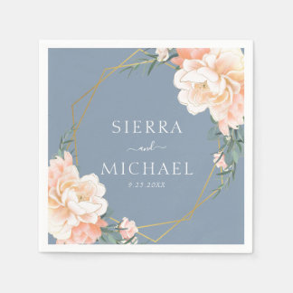 Elegant Dusty Blue Blommigt Peach Guld Bröllop Pappersservett