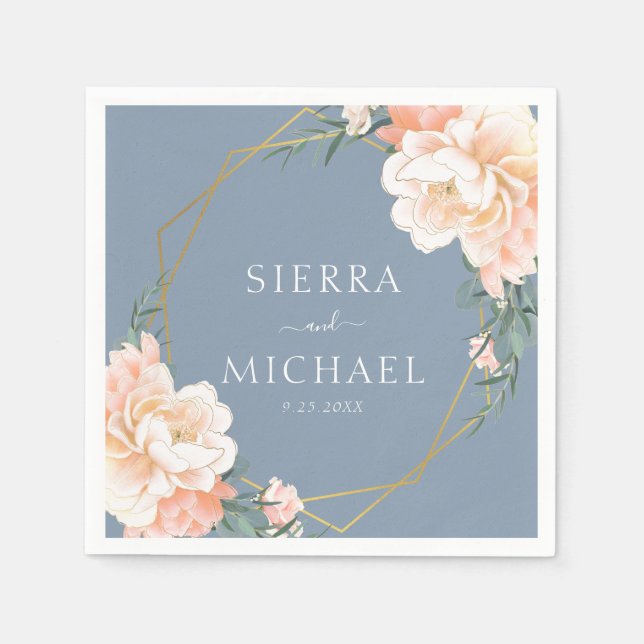 Elegant Dusty Blue Blommigt Peach Guld Bröllop Pappersservett (Framsidan)