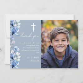 Elegant Dusty Blue Blommigt Photo Confirmation Tack Kort