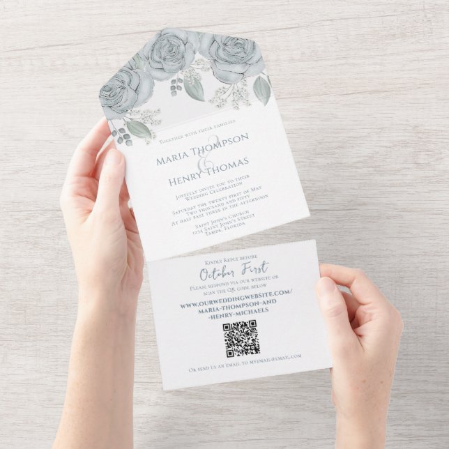 Elegant Dusty Blue Blommigt QR Code Bröllop budget (Avrivbar del)