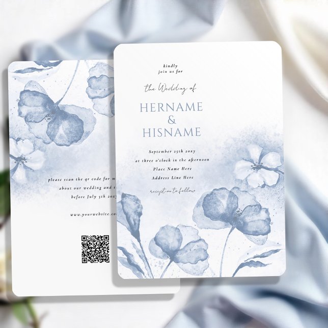 Elegant Dusty Blue Blommigt QR OSA Bröllop Inbjudningar (Skapare uppladdad)