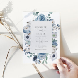 Elegant Dusty Blue blommigt ram bröllopsinbjudan Inbjudningar