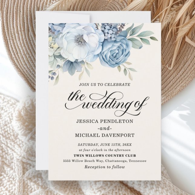 Elegant Dusty Blue Blommigt Sage Grönt Löv Inbjudningar (Elegant dusty blue floral "The wedding of" wedding invitation)