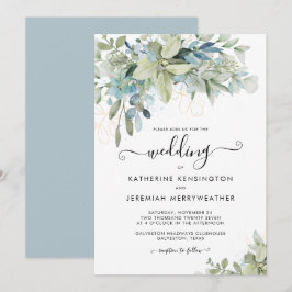 Elegant Dusty Blue Blommigt Script Bröllop Inbjudningar