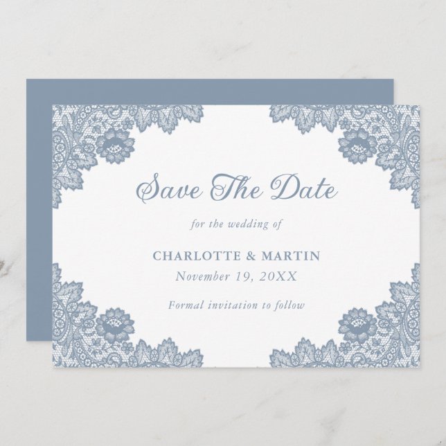 Elegant Dusty Blue Blommigt Snöre Bröllop Spara Datumet (Fram/baksida)