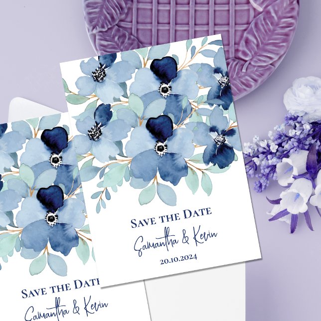 Elegant Dusty Blue-Blommigt Spara datumkortet (Pretty Stale Blue Floral Wedding Save The Date Invitation)