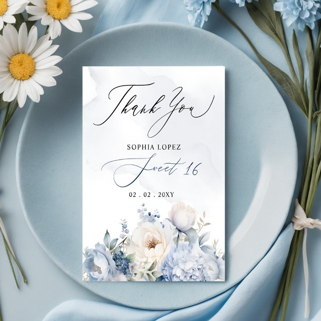 Elegant Dusty Blue Blommigt Sweet 16 Tack Vykort (Elegant Dusty Blue Floral Sweet 16 Thank You Postcard)