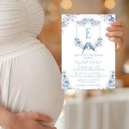 Elegant Dusty Blue Blommigt Vapensköld Bow Baby Sh Inbjudningar