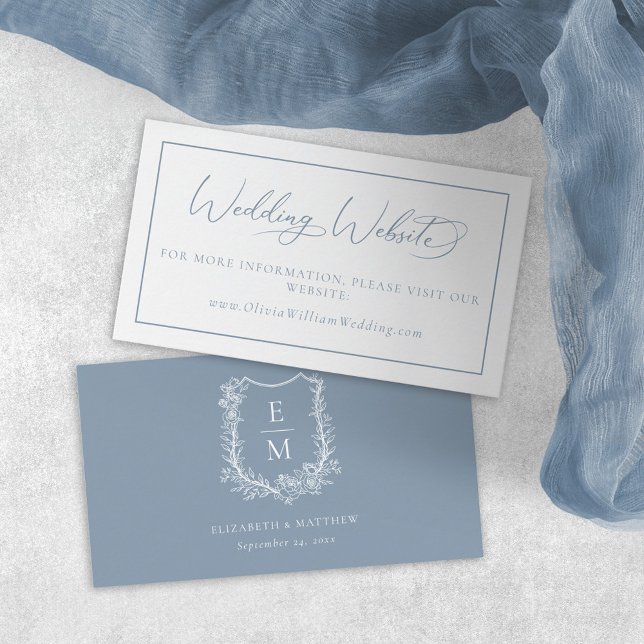 Elegant Dusty Blue Blommigt Vapensköld Bröllop web Tilläggskort (Skapare uppladdad)