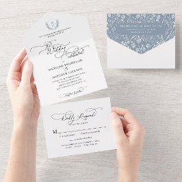 Elegant Dusty Blue Blommigt Vapensköld Monogram Br