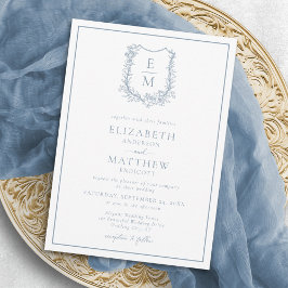 Elegant Dusty Blue Blommigt Vapensköld Monogram Br Inbjudningar