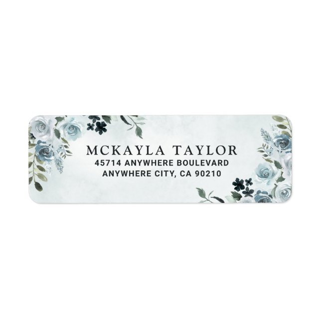 Elegant Dusty Blue Blommigt Vattenfärgsflottan Brö Returadress Etikett (Framsidan)