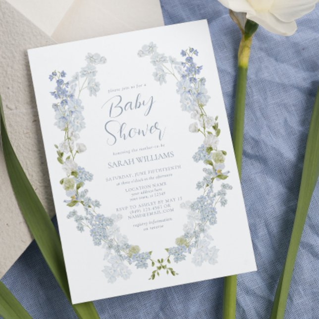 Elegant Dusty Blue Blommigt Watercolor Baby Shower Inbjudningar (Sweet Blooms: A Blue Floral Baby Shower Celebration!)