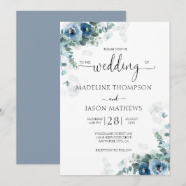Elegant Dusty Blue Blommigt Watercolor Bröllop Inbjudningar