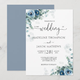 Elegant Dusty Blue Blommigt Watercolor Bröllop Inbjudningar