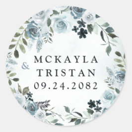 Elegant Dusty Blue Blommigt Watercolor Navy Bröllo Runt Klistermärke