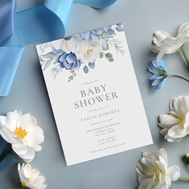 Elegant Dusty Blue Blommigt Winter Baby Shower Inbjudningar (Skapare uppladdad)