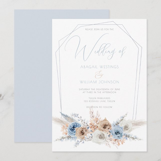 Elegant Dusty Blue Boho eller Beach Wedding Inbjudningar (Fram/baksida)