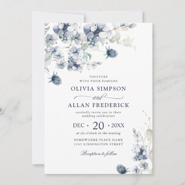 Elegant Dusty Blue Boho Winter Foliage Bröllop Inbjudningar (Framsida)