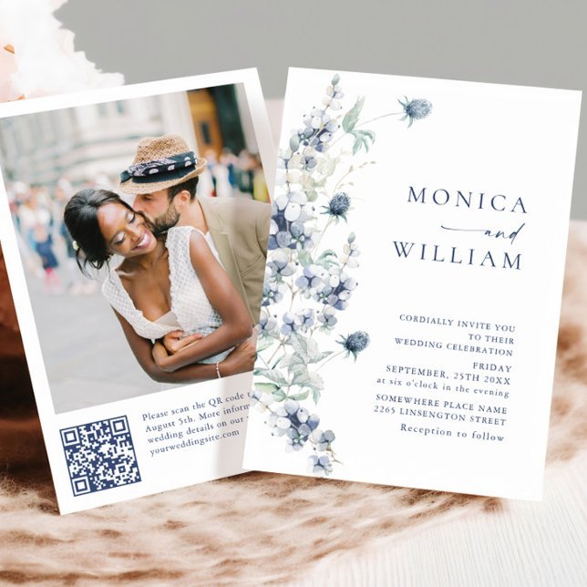 Elegant Dusty Blue Boho Winter Foliage Bröllop Inbjudningar (Skapare uppladdad)