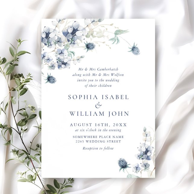 Elegant Dusty Blue Boho Winter Foliage Bröllop Inbjudningar (Skapare uppladdad)